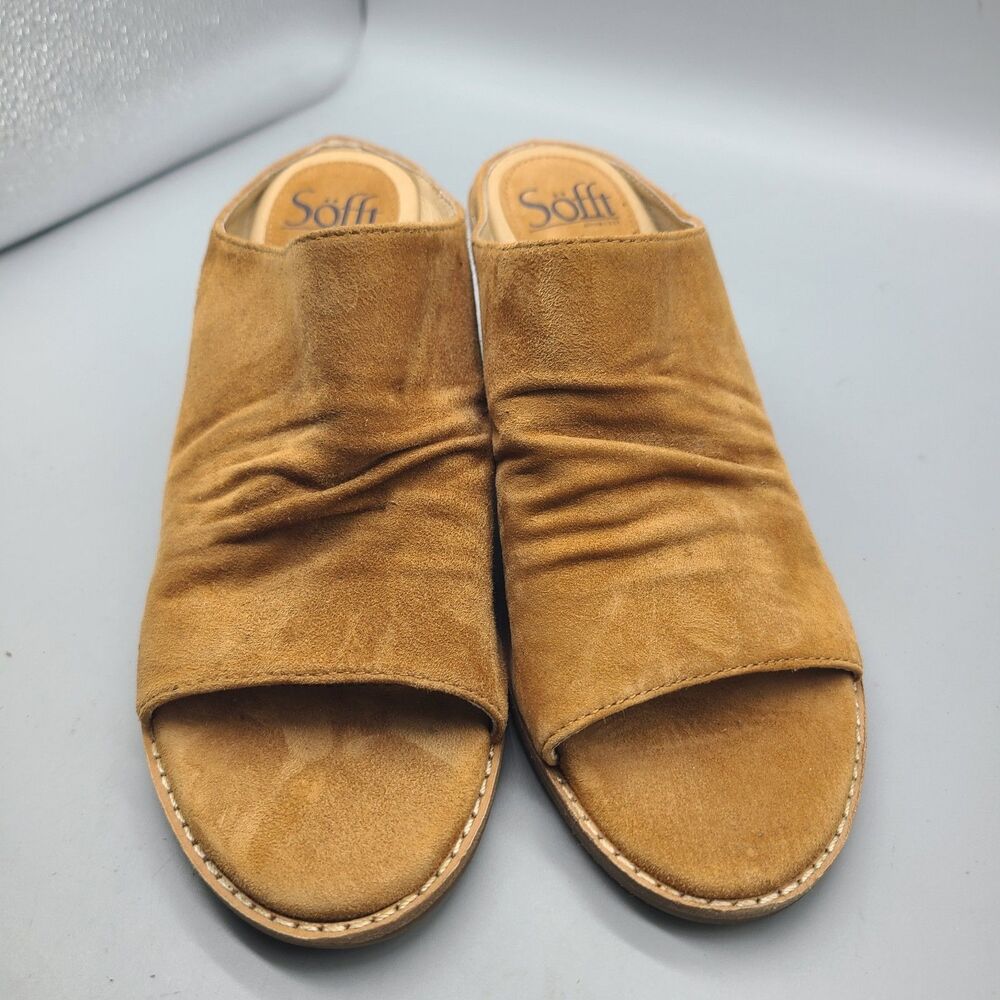 Sofft Strathmore Women Slide Sandals sz 8 Tan Leather Suede Wedge Heel Open Toe - Picture 5 of 12
